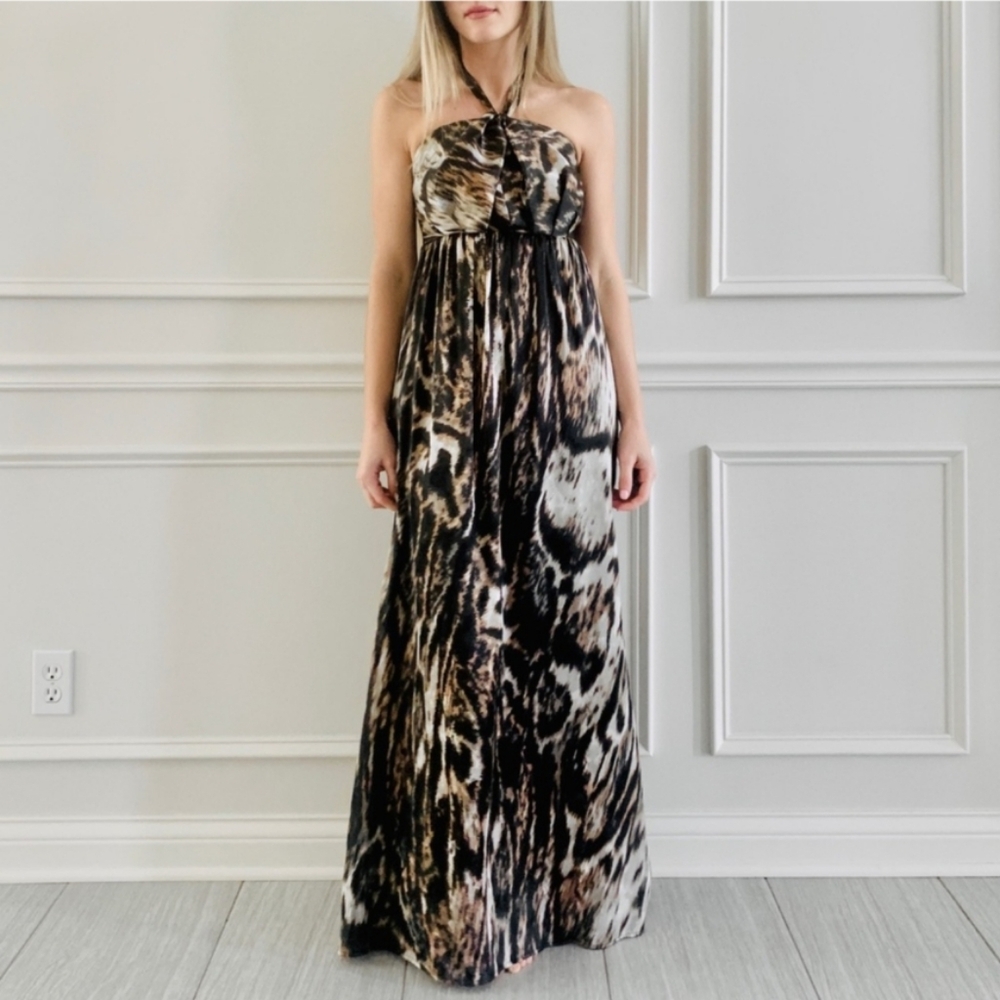 H&M Halter Maxi Dress Womens Size 2 Black Brown Cheetah Animal Print Long Silky